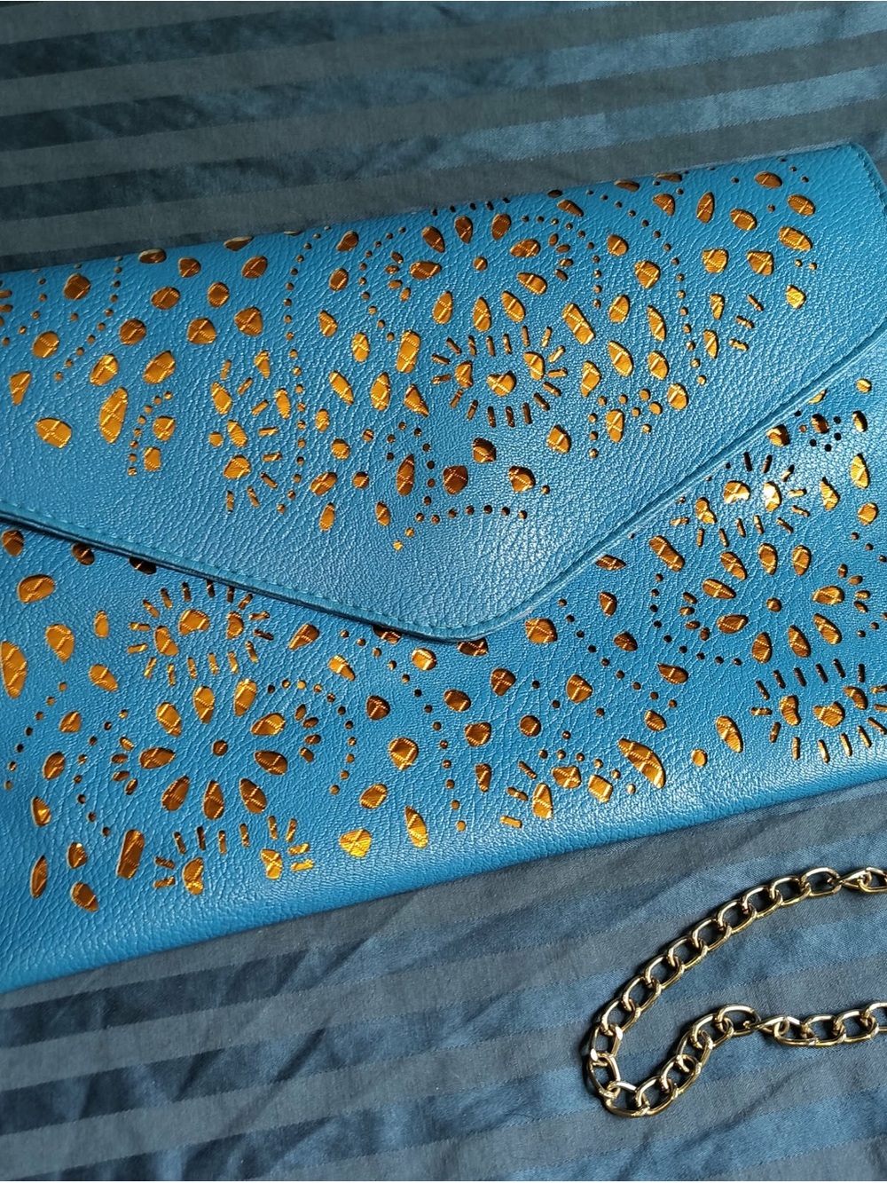 Turquoise Laser-Cut Envelope Clutch with Gold Underlay *FLAWED*